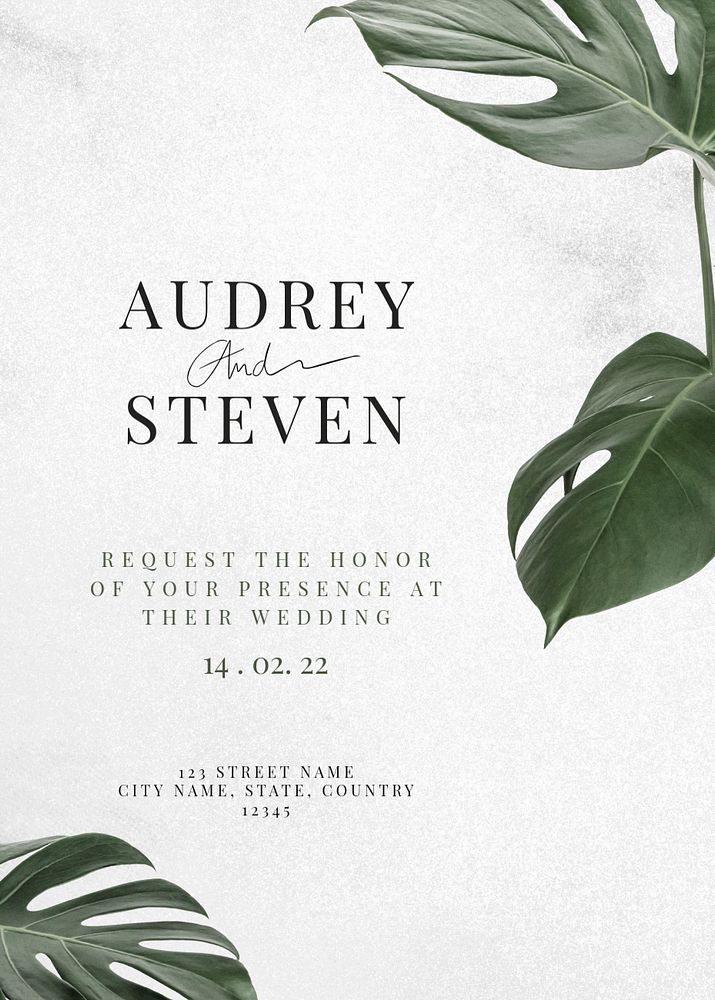 Botanical wedding invitation card template, editable design