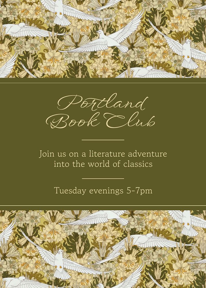 Book club invitation card template, green bird pattern, famous Maurice Pillard Verneuil artwork remixed by rawpixel