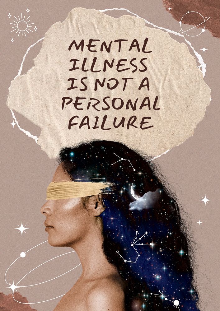 Mental illness poster template, surreal woman paper collage