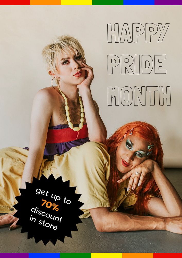 Pride month sale poster template, drag queens photo