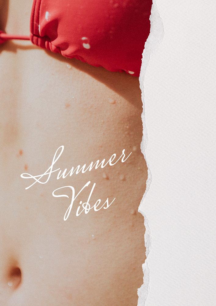 Summer vibes poster template, bikini woman closeup photo