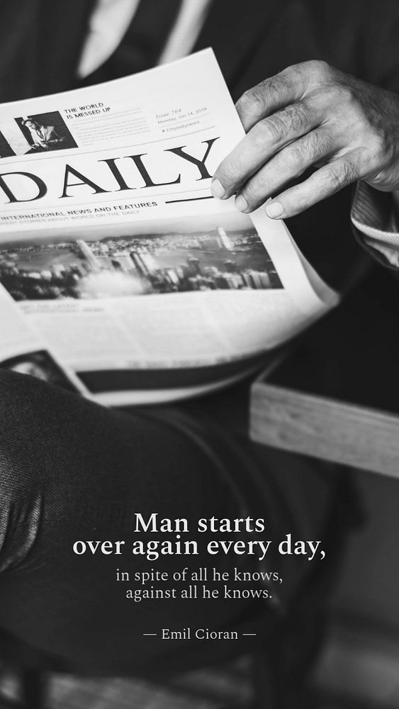 Businessman quote Instagram story template, man reading newspaper photo