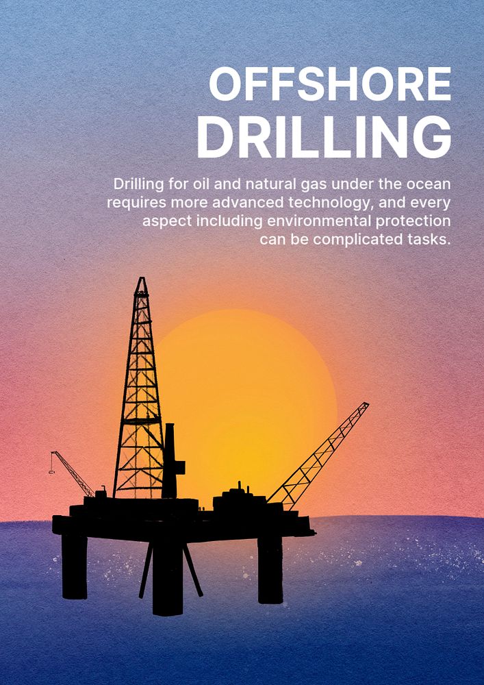 Offshore drilling poster template, oil rig sunset