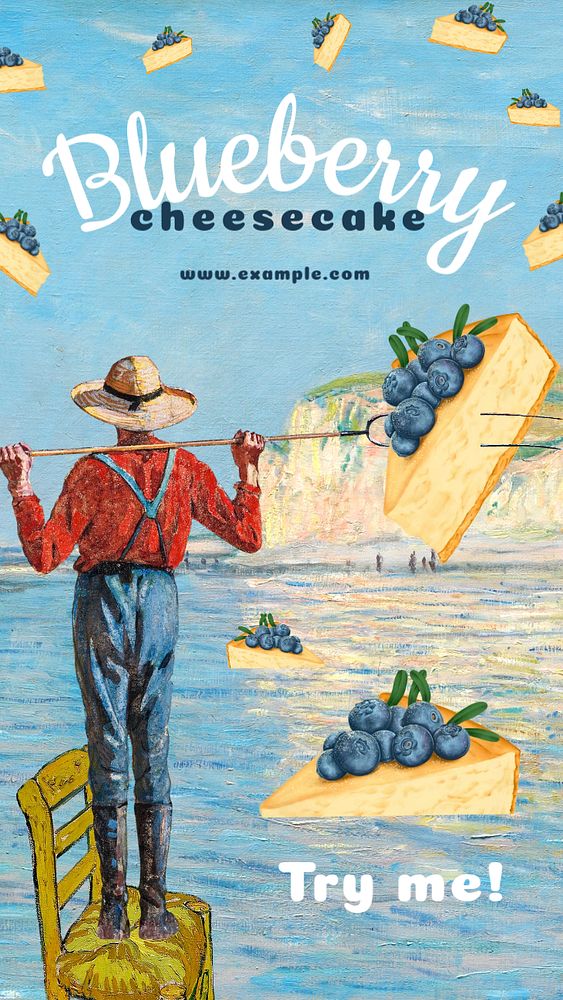 Blueberry cheesecake Instagram story template, Monet's and Edward Penfield's artworks, remixed by rawpixel.