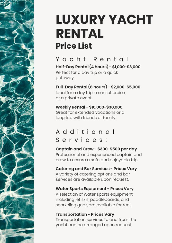 Yacht rental price list, editable template for poster