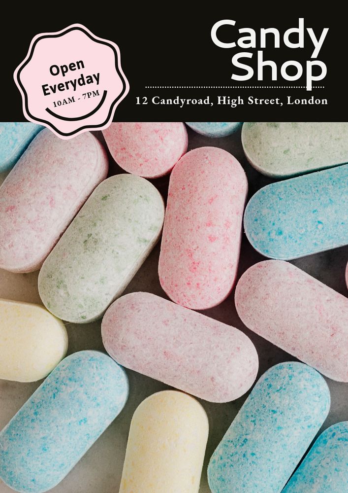 Candy shop poster template, editable text & design