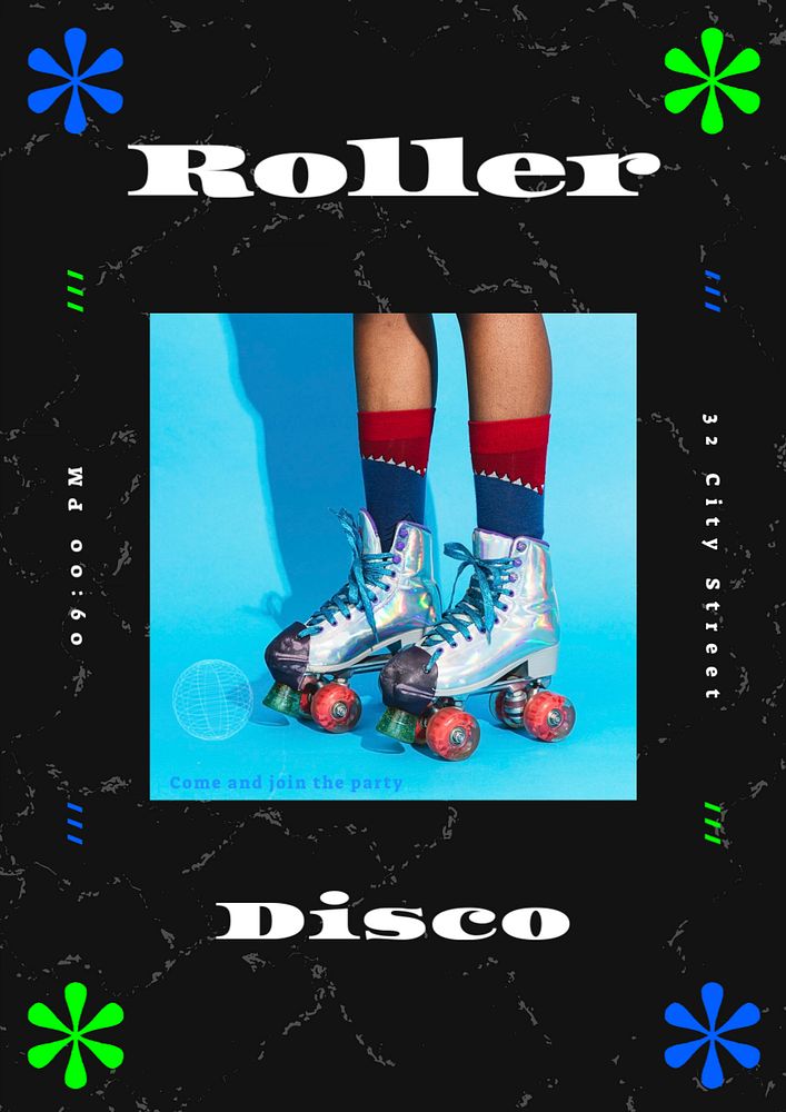 Roller disco poster template, editable text & design