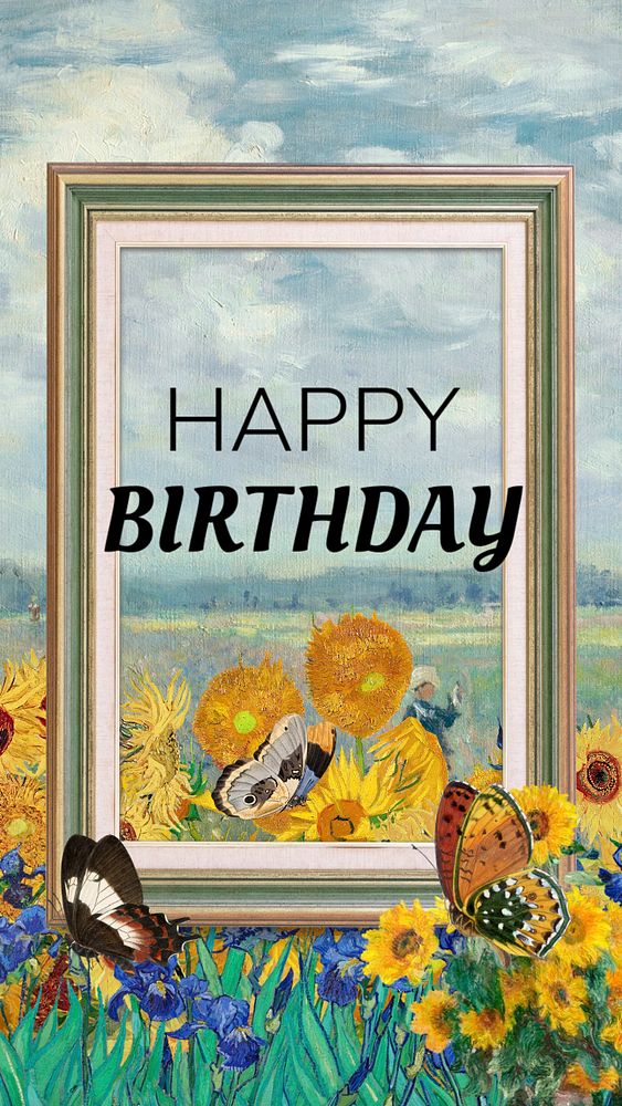 Happy Birthday Instagram story template, Van Gogh's Sunflowers, famous artwork remixed by rawpixel