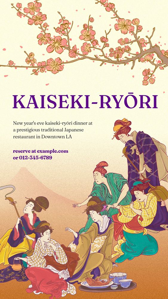 Kaiseki dinner Instagram story template, editable vintage Ukiyo-e art remix