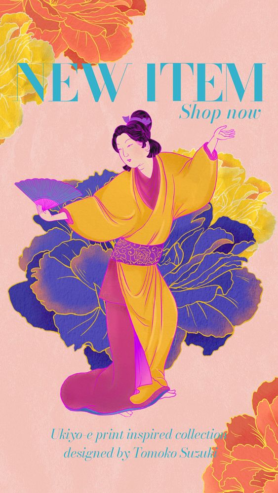 Japanese fashion Instagram story template, editable vintage Ukiyo-e art remix