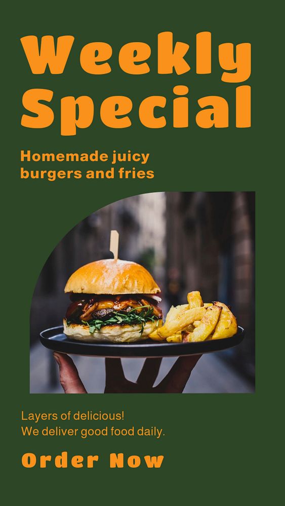 Homemade juicy burgers and fries  Instagram story template, editable design for social media