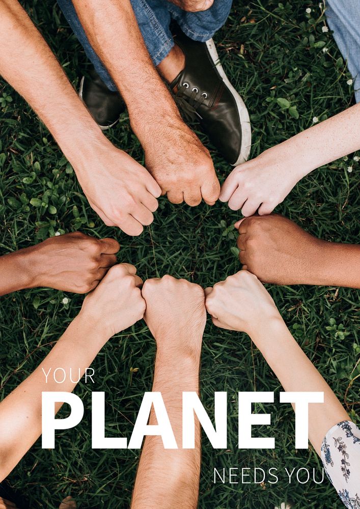 Environment poster template with hand saving the planet