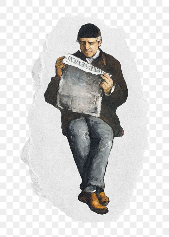 PNG ripped paper mockup element, man reading newspaper, Cezanne’s Father post-impressionist illustration,  transparent…