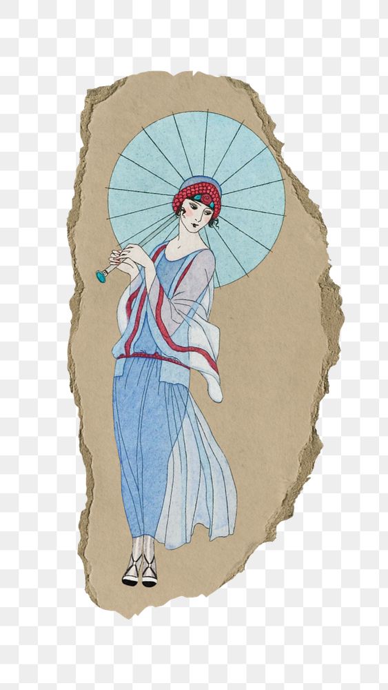 PNG ripped paper mockup element, beautiful woman with umbrella illustration, remix from artworks by George Barbier…