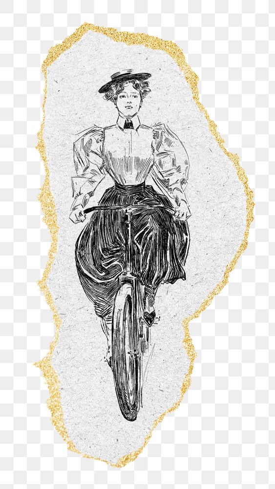 PNG ripped paper mockup element, vintage female cyclist illustration,  transparent background. Remixed by rawpixel.