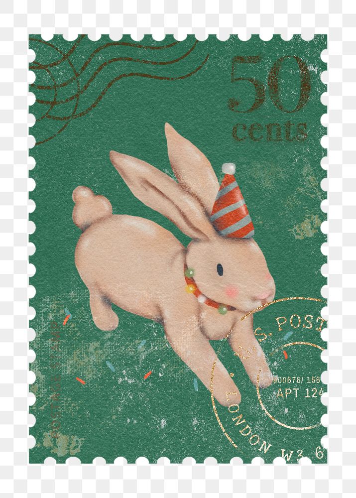 PNG postage stamp mockup element, Christmas bunny transparent background