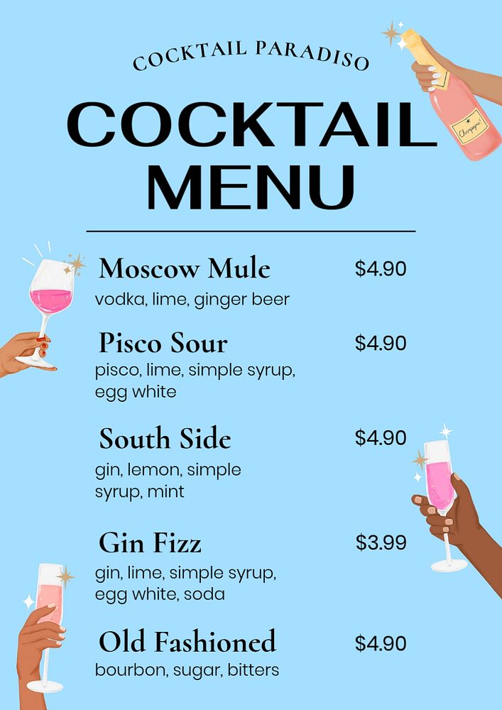 Cocktail menu poster template, editable text and design