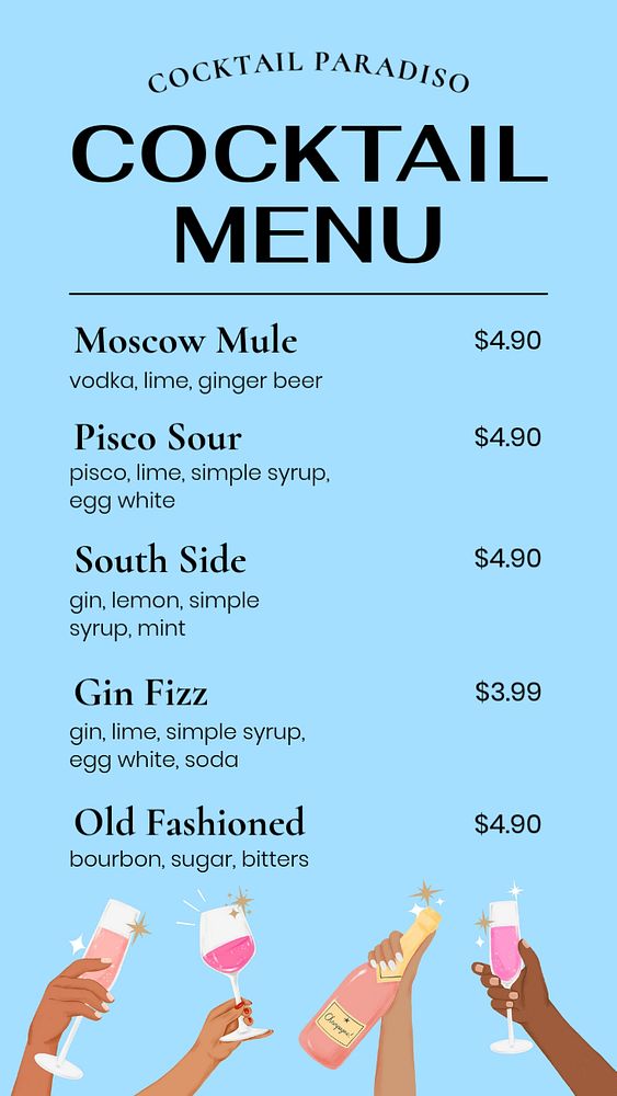 Cocktail menu Instagram story template, editable text