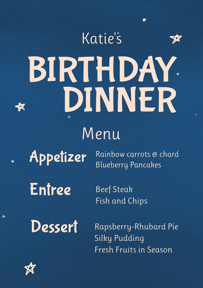 Birthday dinner menu poster template, editable text and design