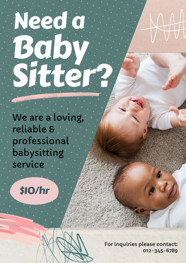 Baby sitter ad  poster template, editable text and design