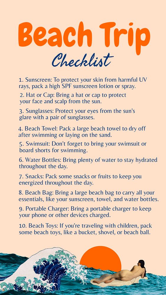 Beach trip checklist Instagram story template, editable text