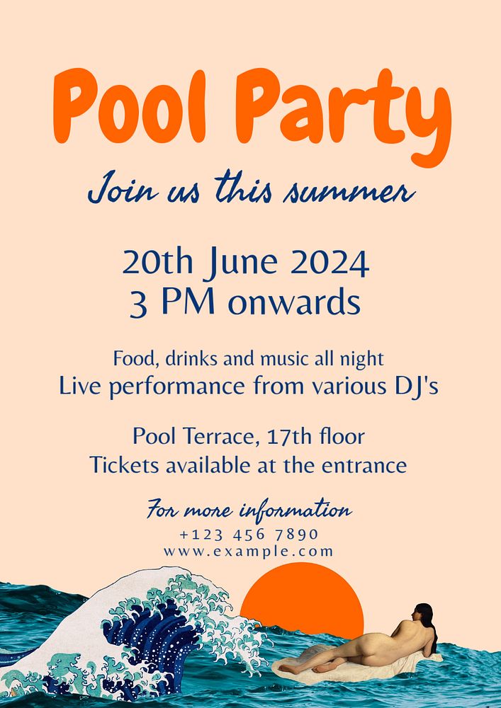 Pool party poster template, editable text and design