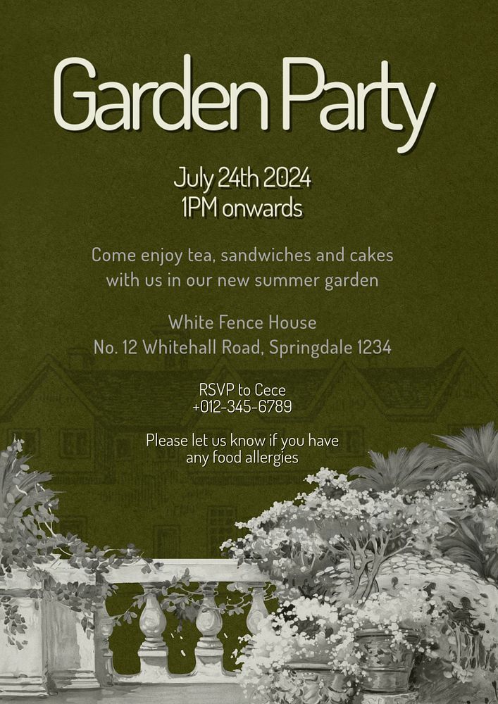 Garden party poster template, editable text and design