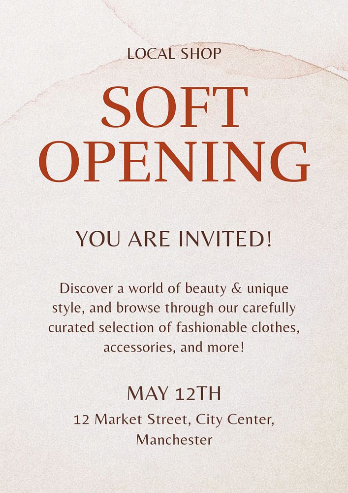 Soft opening poster template, editable text and design