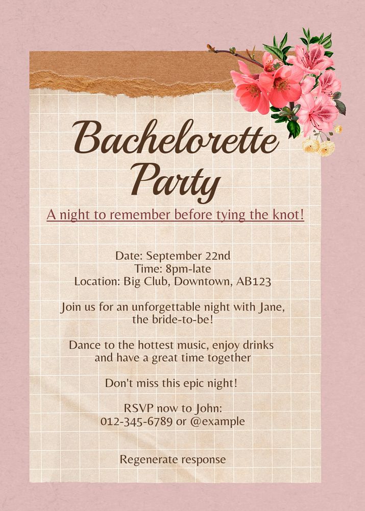 Bachelorette party invitation template, editable design