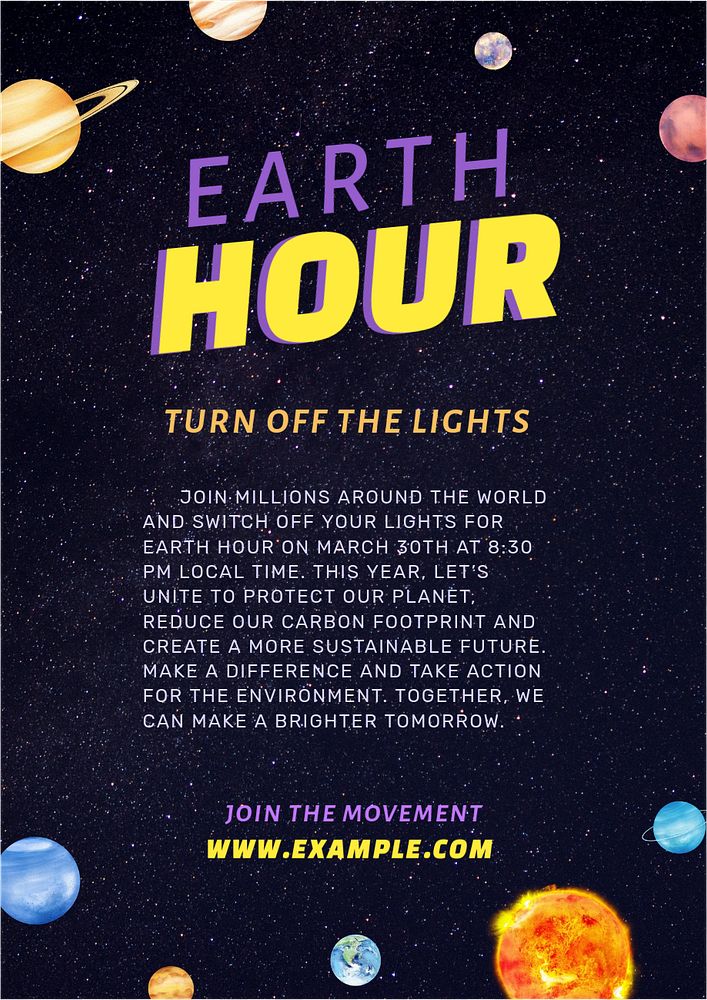 Earth hour poster template, editable text and design