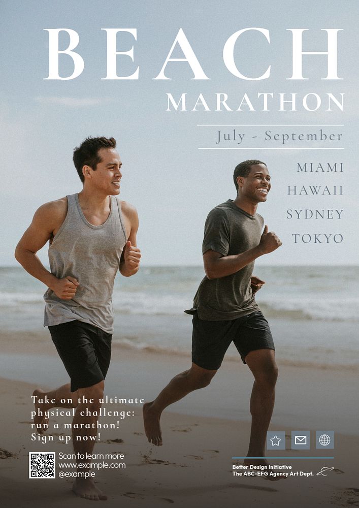 Beach marathon poster template, editable text and design