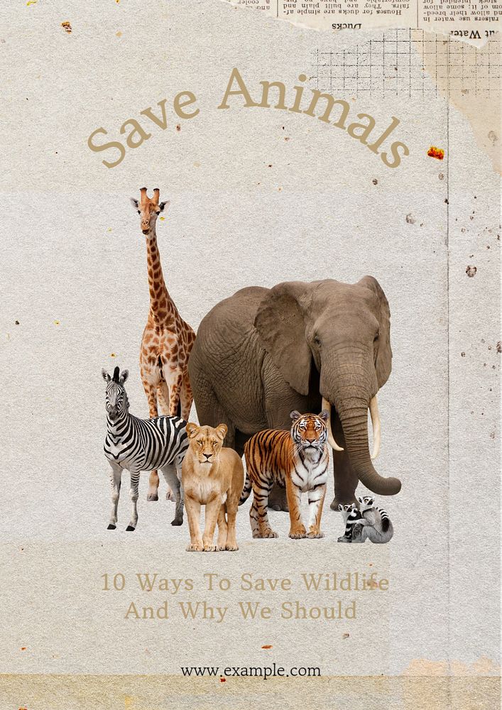 Save animals poster template, editable text & design