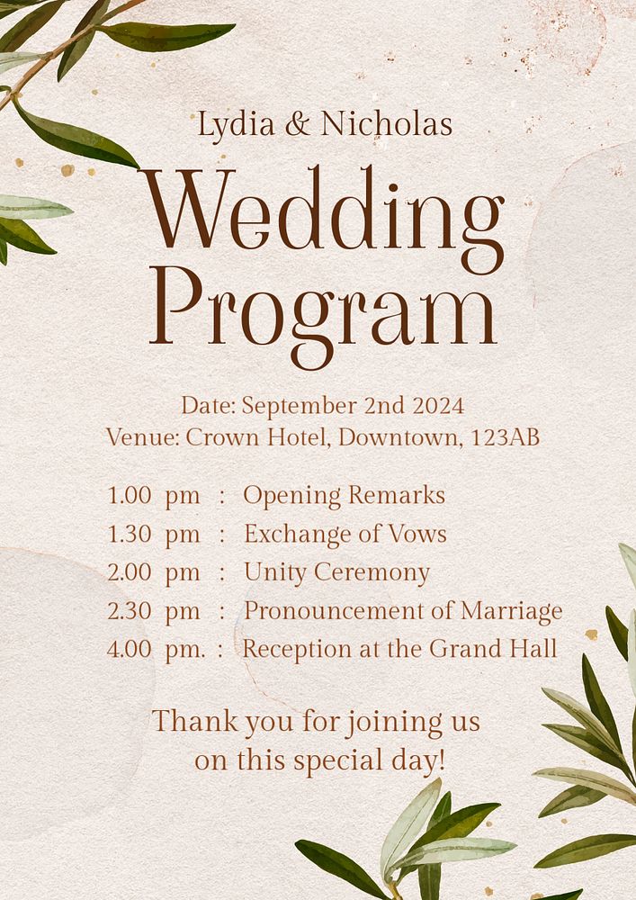 Wedding program poster template, editable text & design