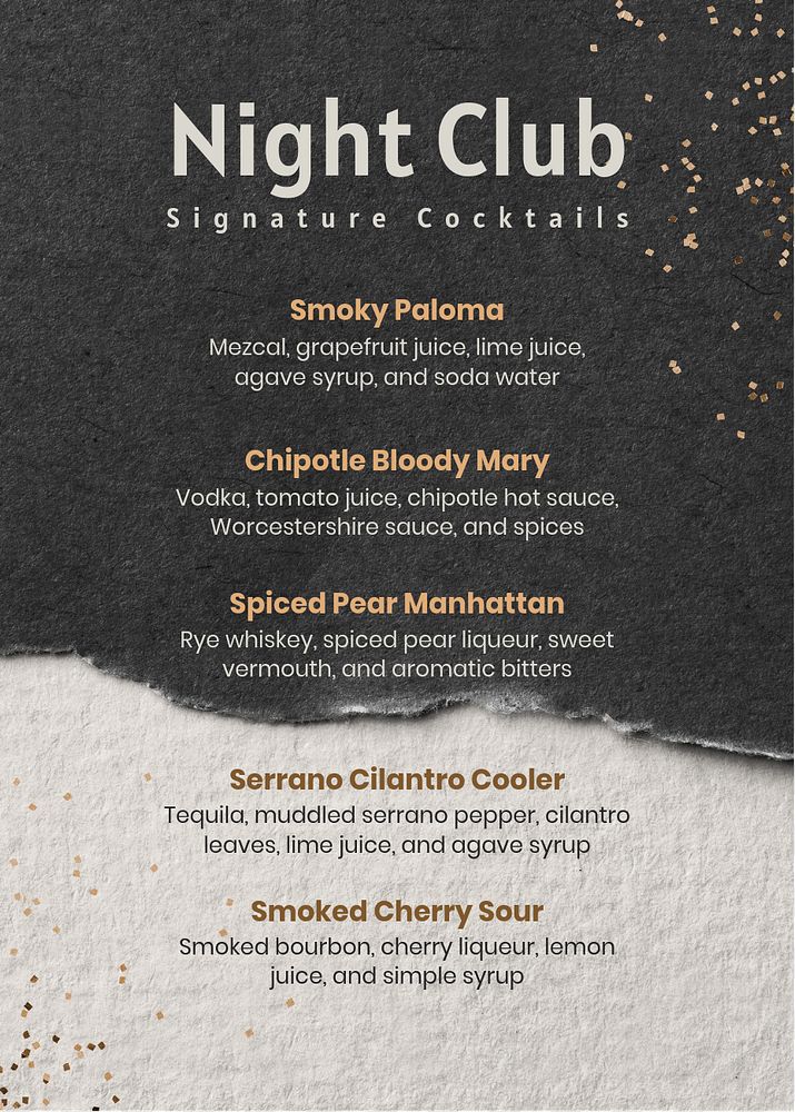 Cocktail menu  flyer template, editable text