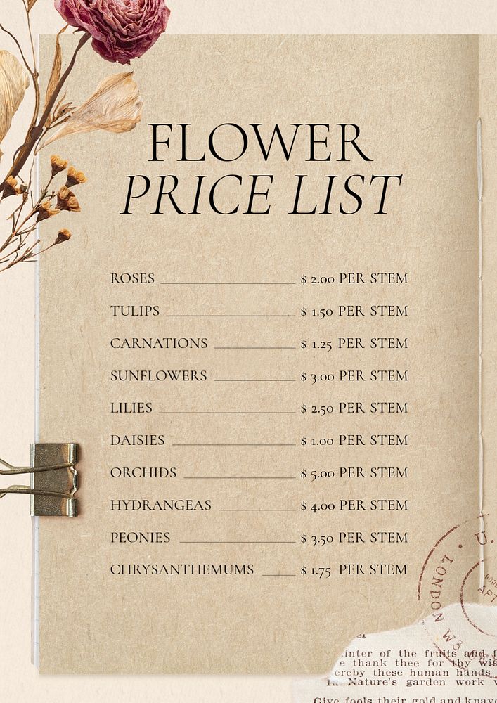 Flower price list poster template, editable text and design