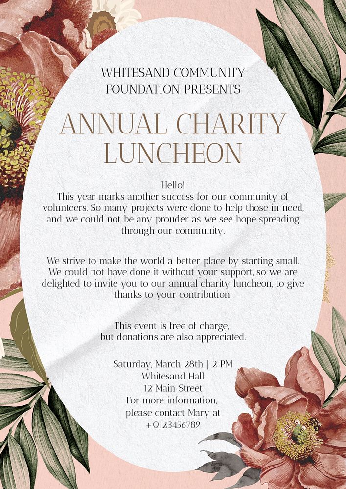 Annual charity luncheon poster template, editable text and design