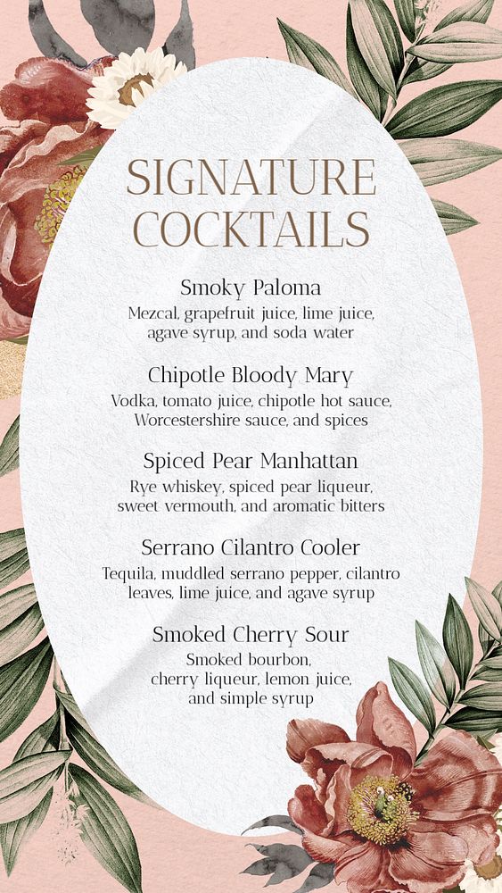 Cocktail menu Instagram story template, editable text