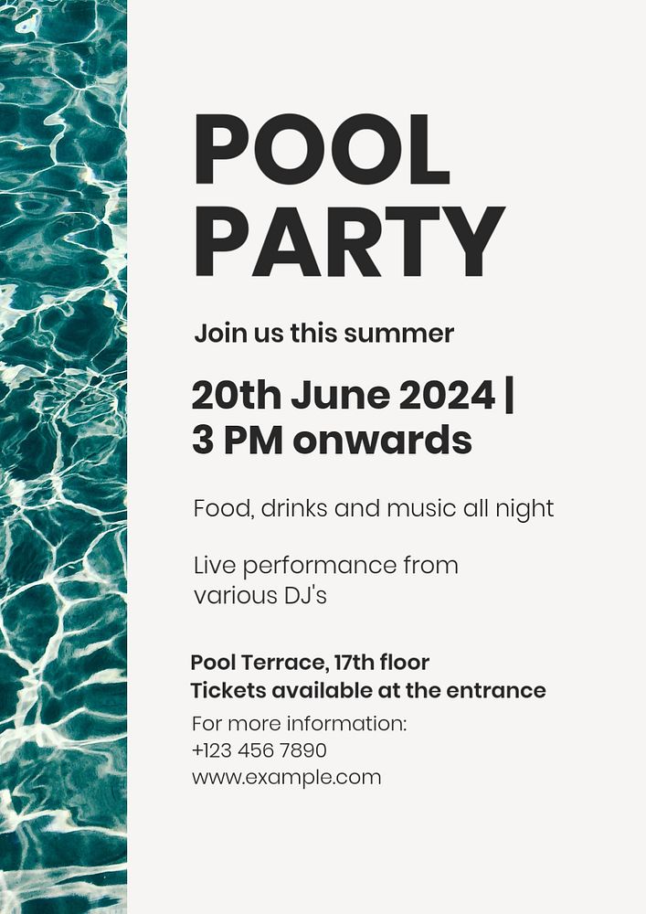 Pool party poster template, editable text