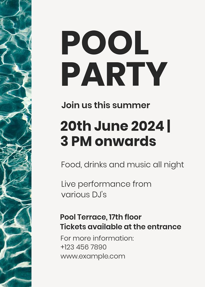 Pool party poster template, editable text