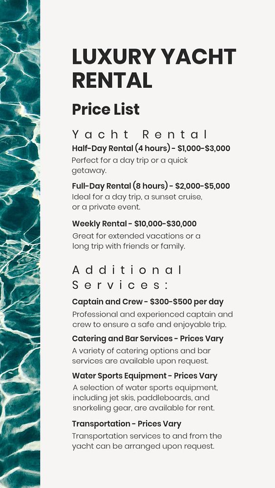 Yacht price list social story template, editable design