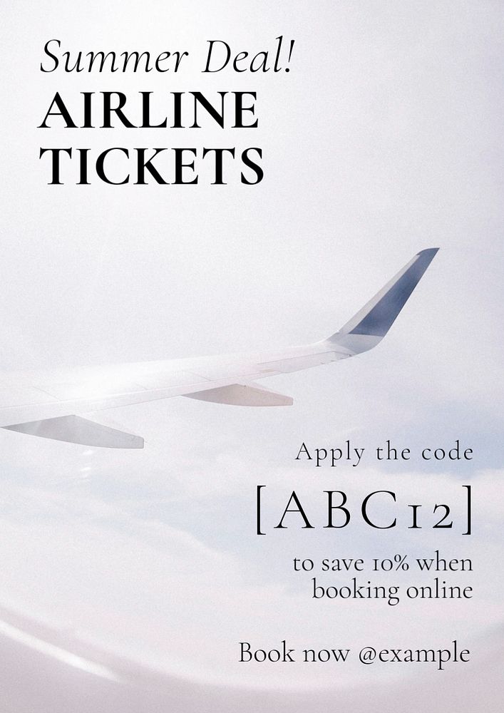 Airline tickets deal  poster template, editable text and design