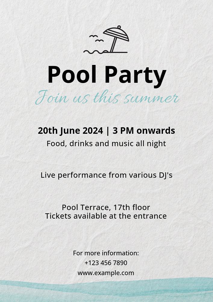 Pool party poster template, editable text