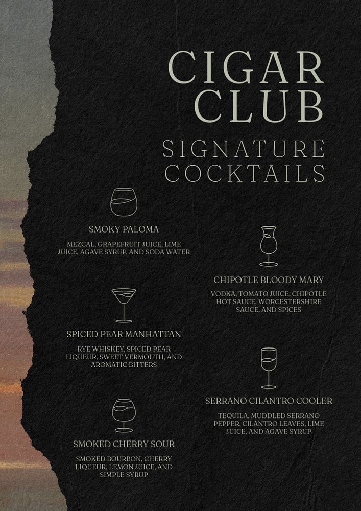 Cocktail menu poster template, editable text