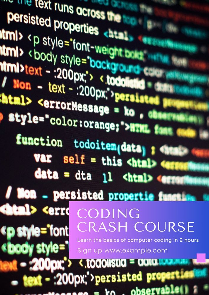 Coding crash course  poster template, editable text and design