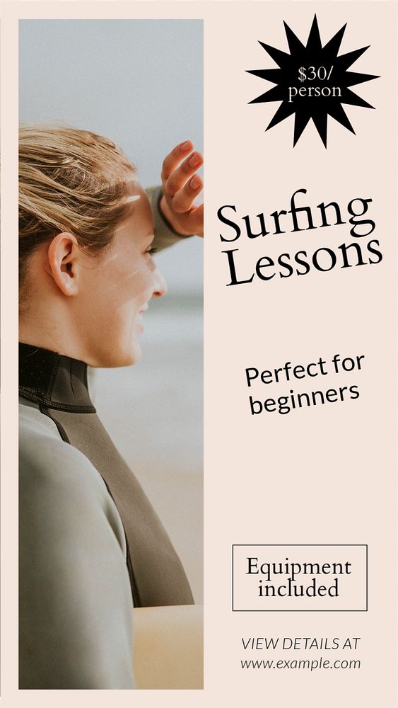 Surfing lessons  Instagram story template, editable text