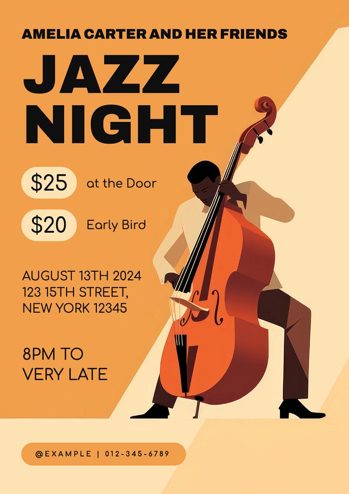 Jazz night poster template, editable text and design