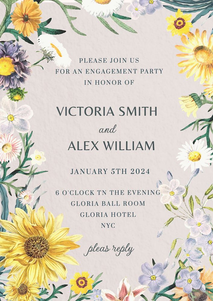 Engagement invitation card template, editable floral design, community remix