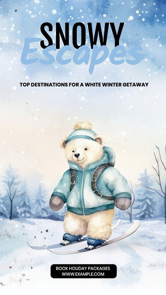 Snowy escapes Instagram story template, editable text