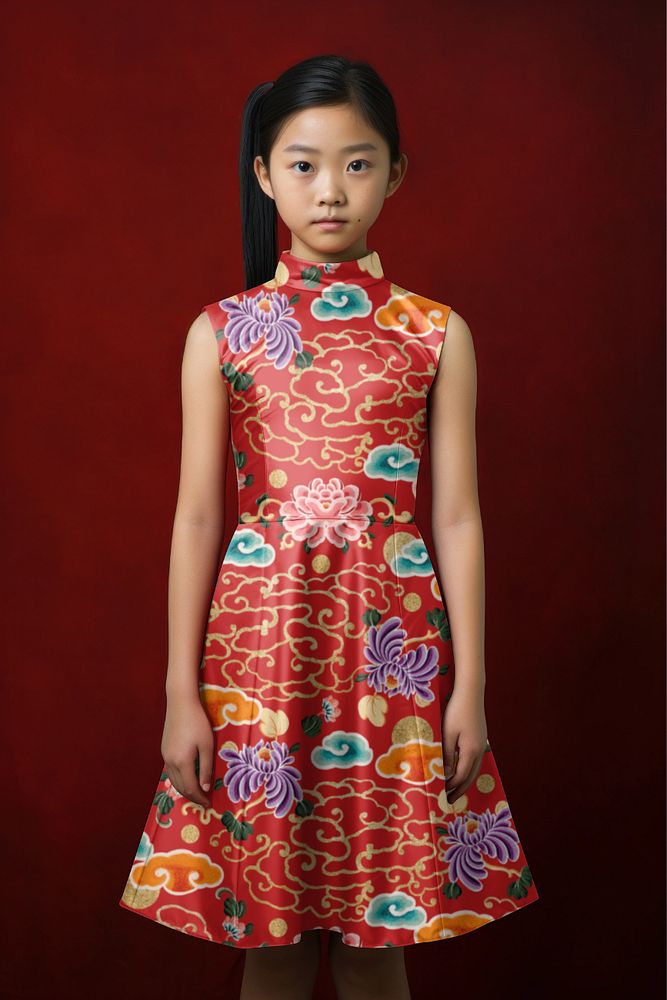 Girl's sleeveless turtleneck dress mockup, editable  Chinese traditional clothes style 