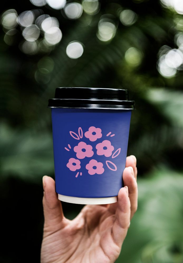 Coffee cup mockup, pink floral design